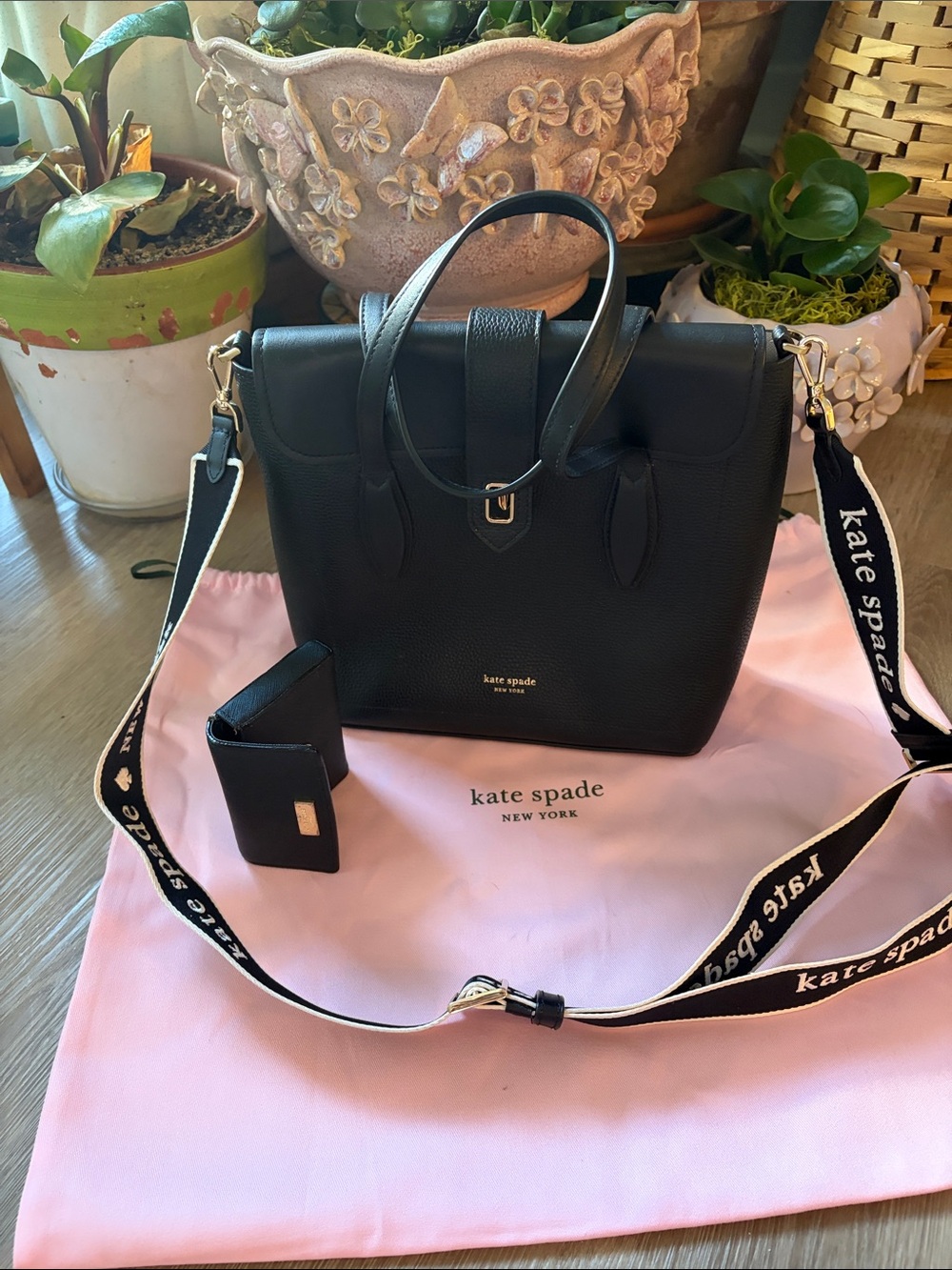 kate spade Black Leather Satchel with Branded Strap